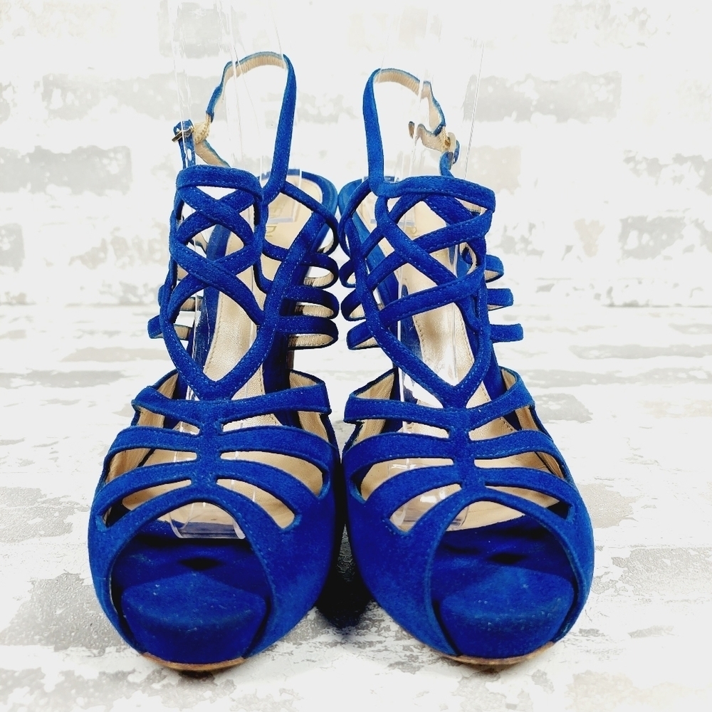 Fendi Royal Blue Suede Cut-Out Cage Sling-Back Peep-Toe Pumps O89 - Picture 3 of 14